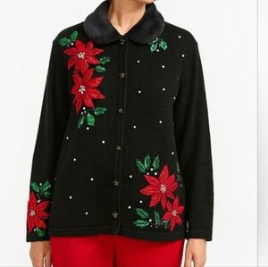 Victoria Jones Vintage Poinsettia Embroidered Christmas Cardigan in Black Size L